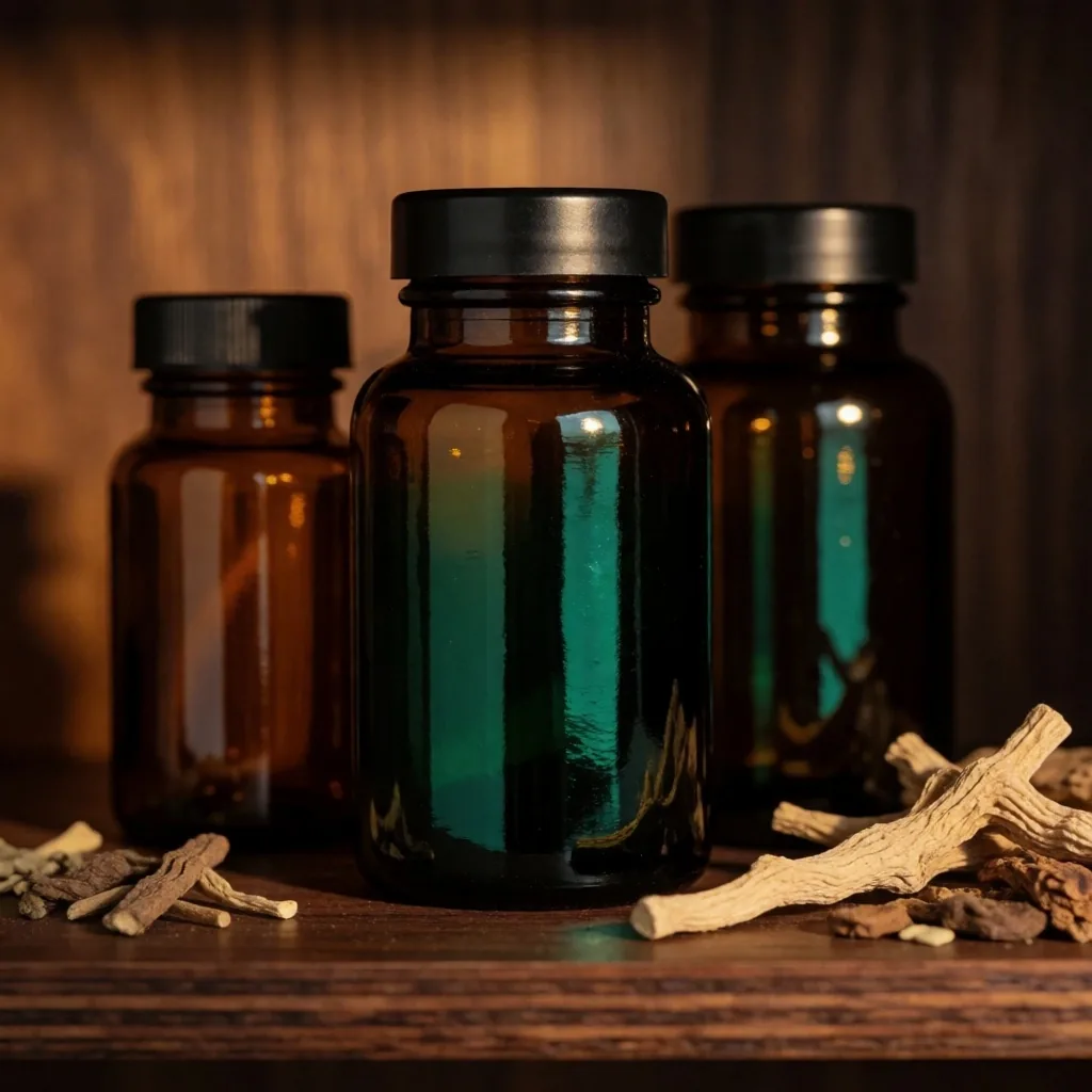 Amber glass supplement bottles on dark plywood shelving with warm studio lighting