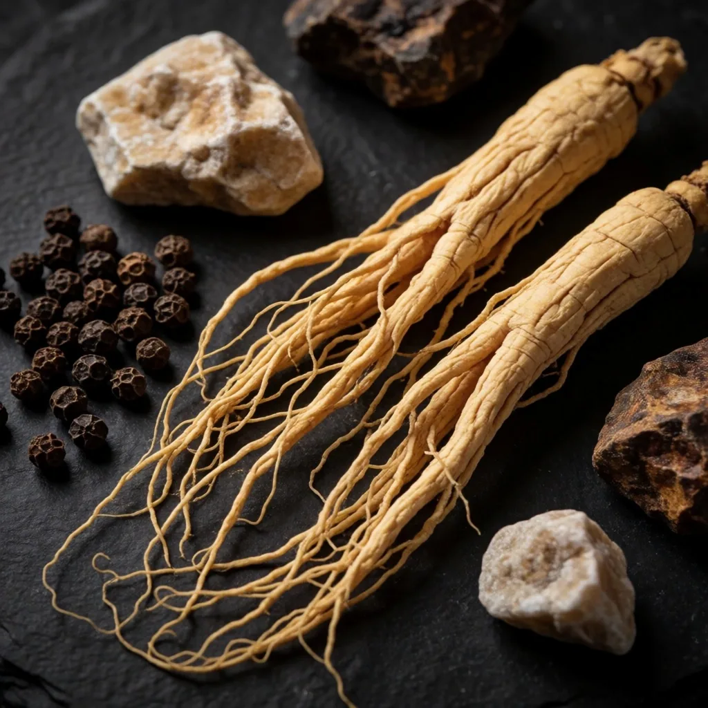 Botanical roots and mineral crystals arranged as specimens on dark surface
