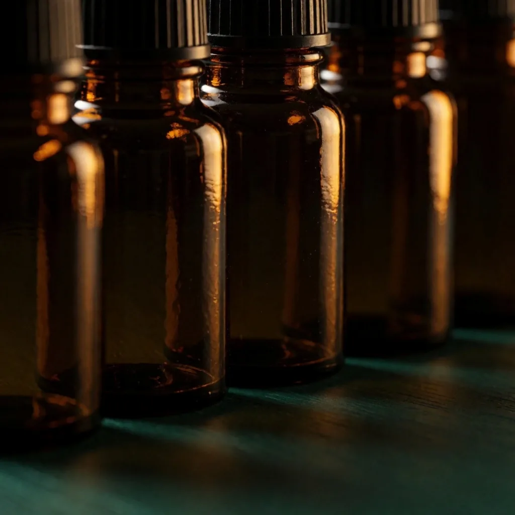 Natural supplement bottles in warm studio light on a dark surface