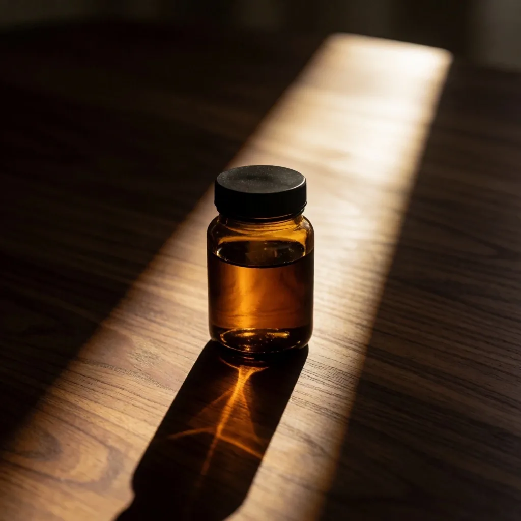 Vitamin D3 bottle in a beam of warm sunlight on a dark surface