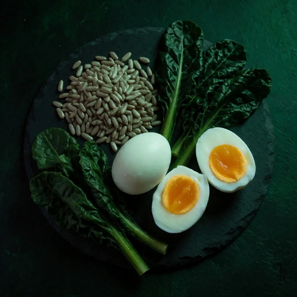 Dark food photography of B-vitamin sources on black slate