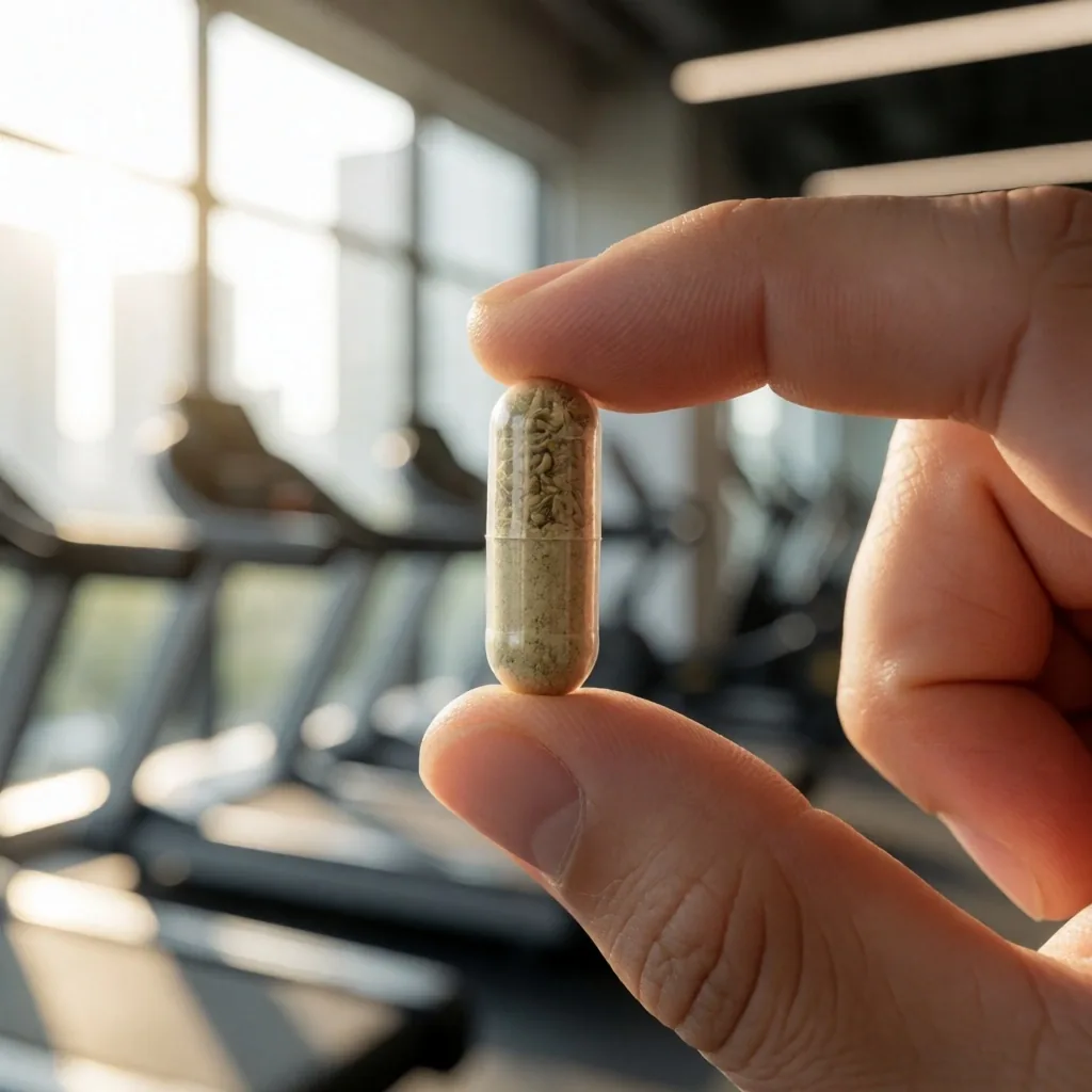 Hand holding a natural supplement capsule in morning light