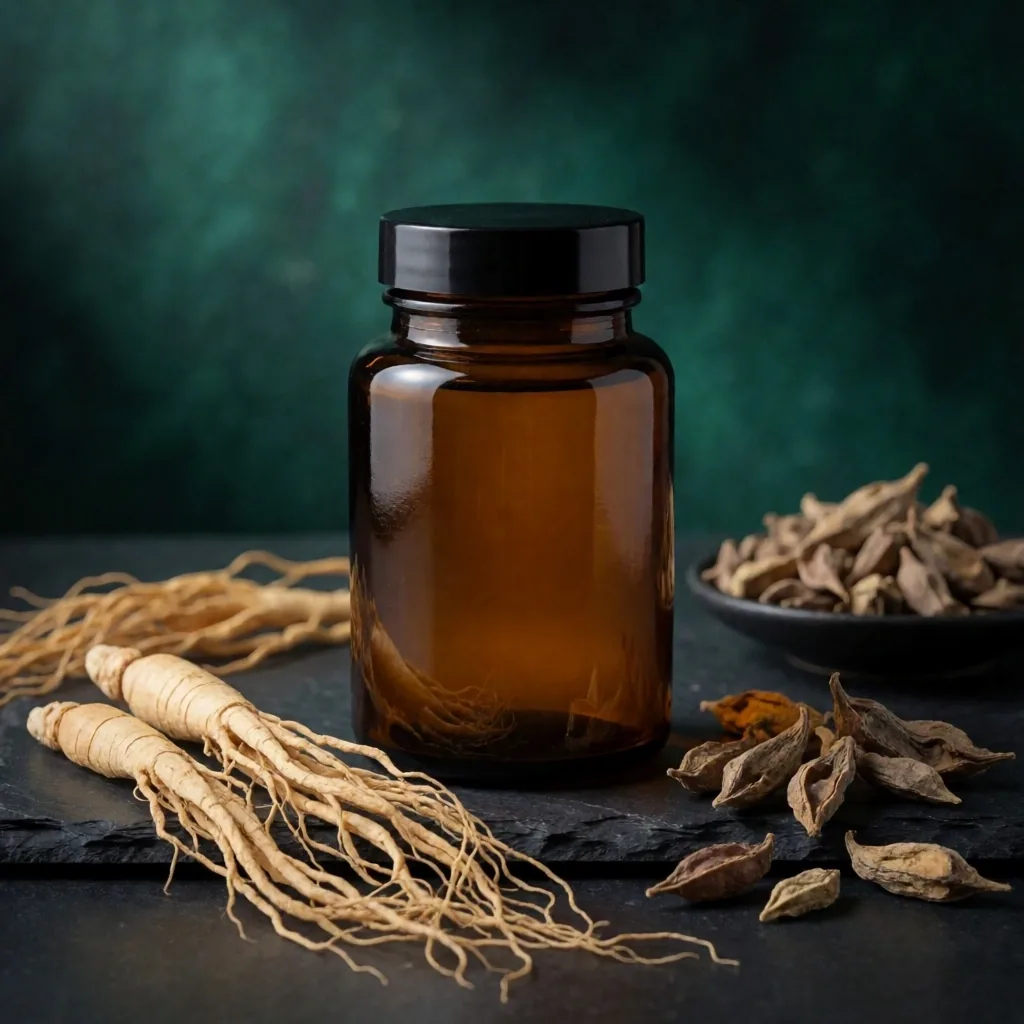 Natural herbal formula in amber glass bottle on dark surface