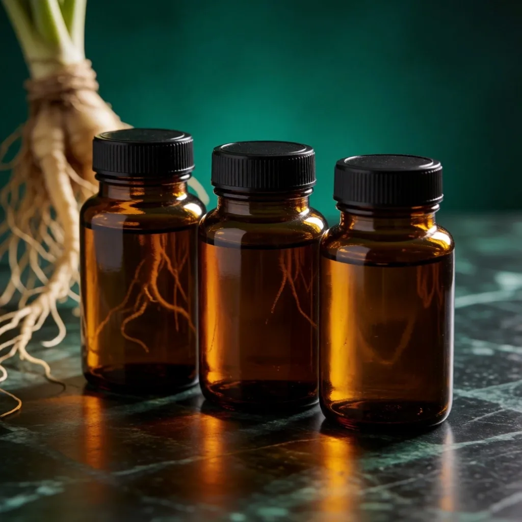 Natural supplement bottles in studio lighting