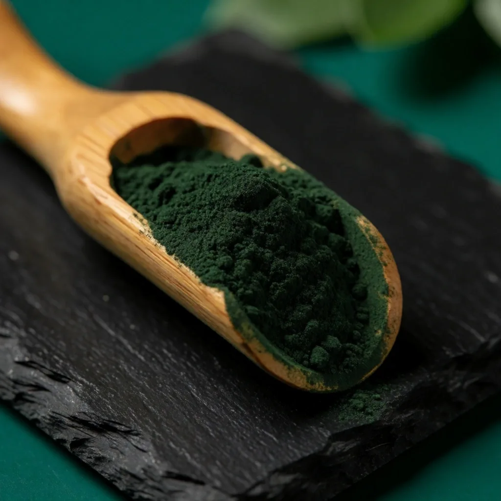 Whole-food green powder on slate