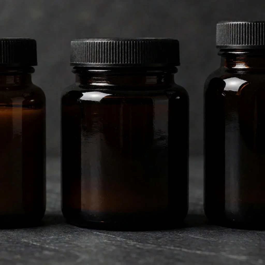 Natural supplement bottles arranged on a dark archival surface